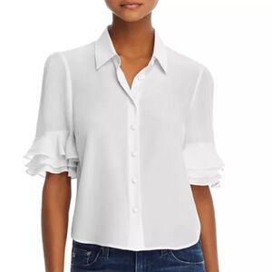 frame denim 100% silk ruffle sleeve top in white